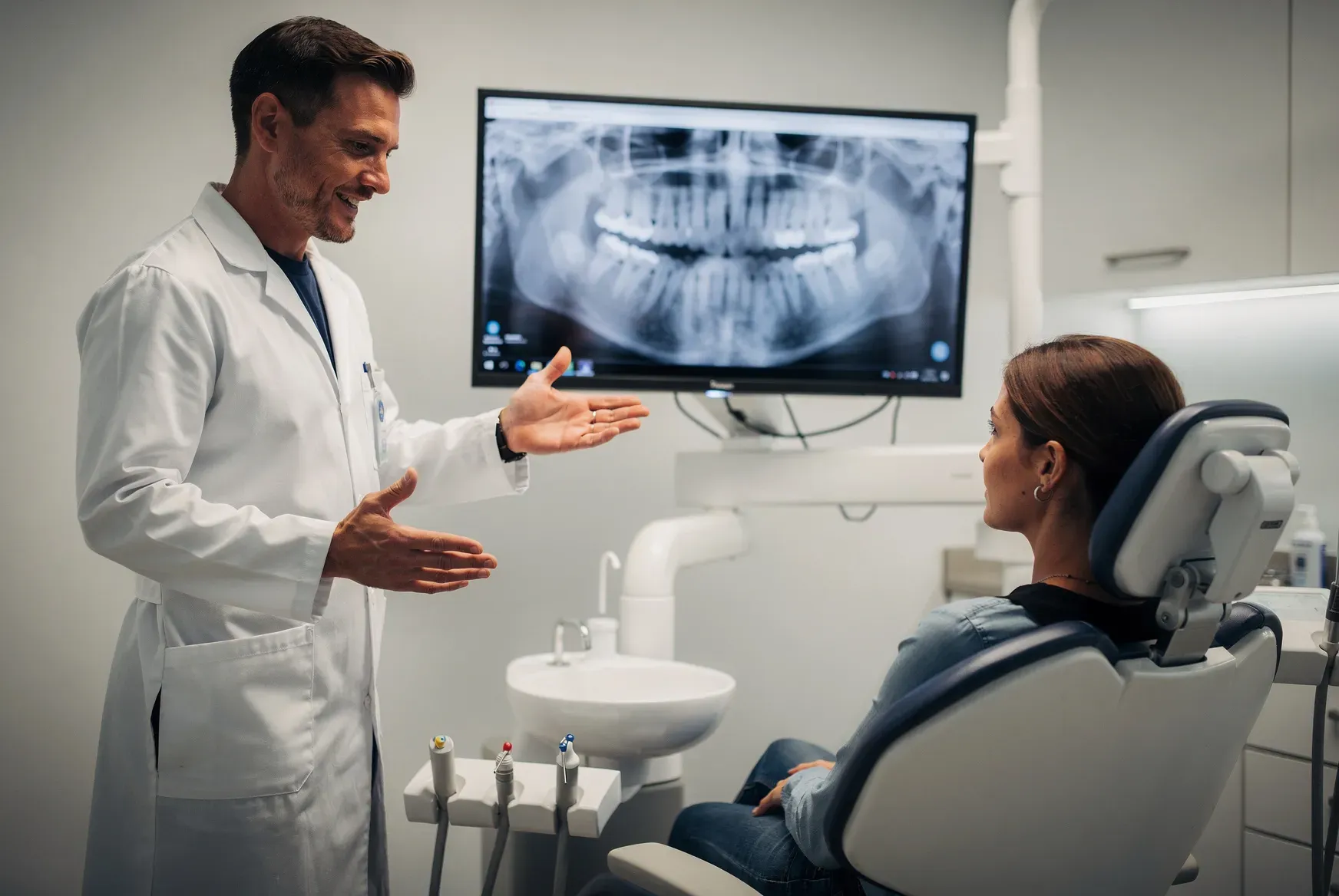 A dentist points to a panoramic X-ray on the screen while the patient in the chair listens.
