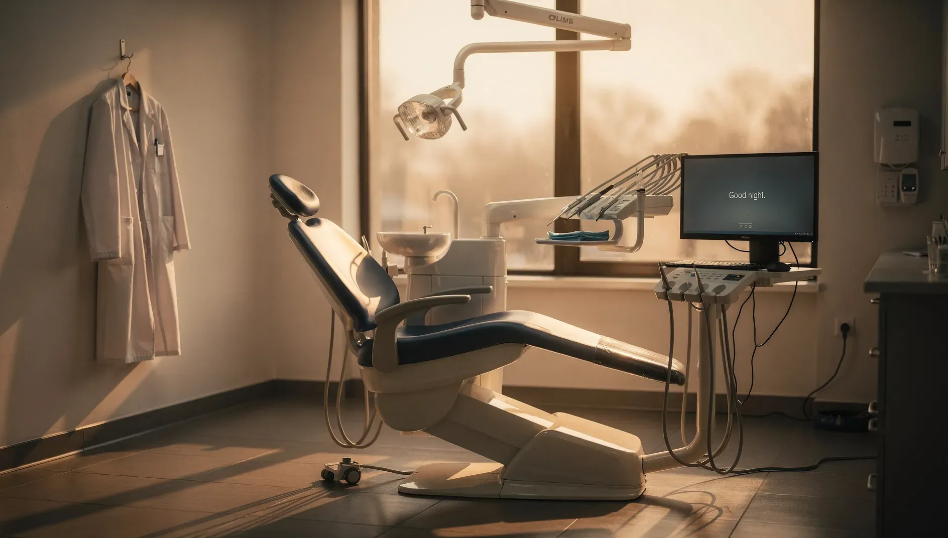 An empty operatory at the end of the day: the chair reclined, a coat on the hook, and Good night. on the monitor in warm evening light.