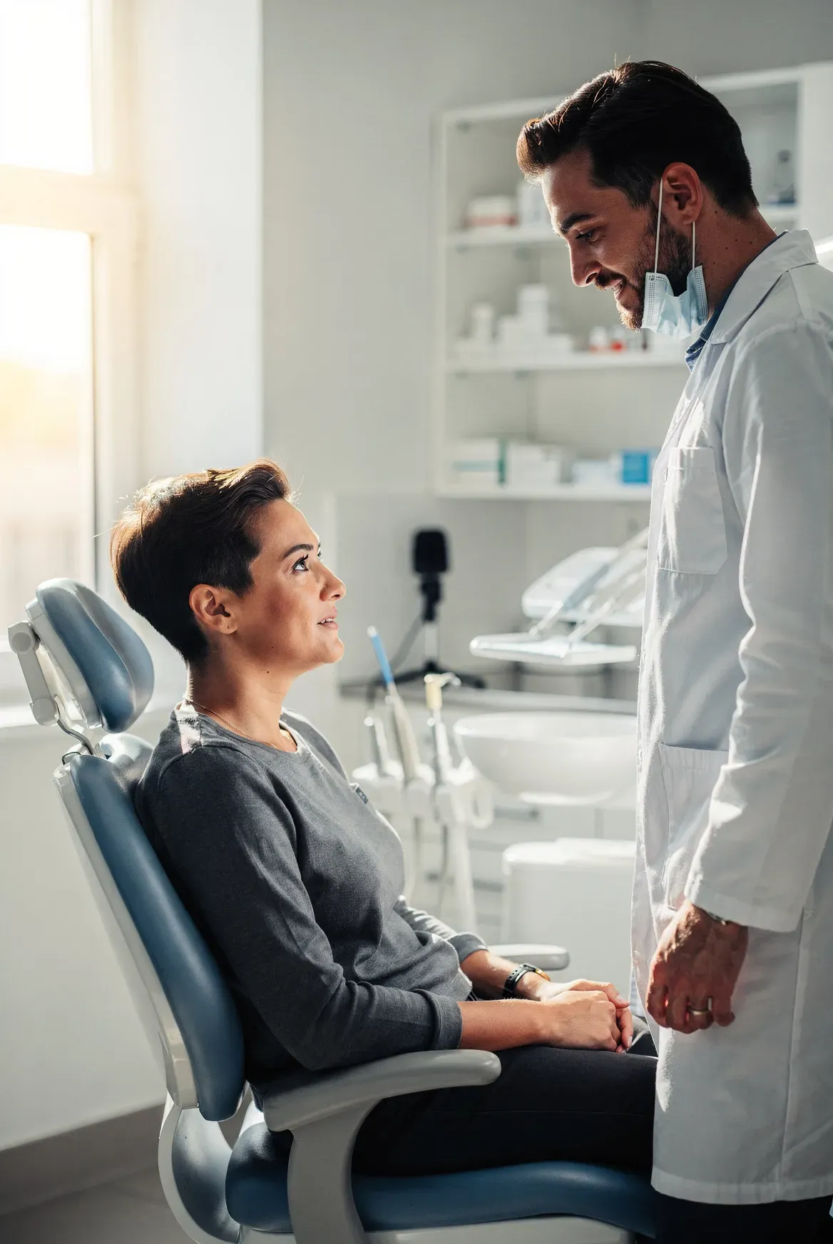 A dentist with his mask pulled down talks with a patient sitting up in the chair, window light from the left.