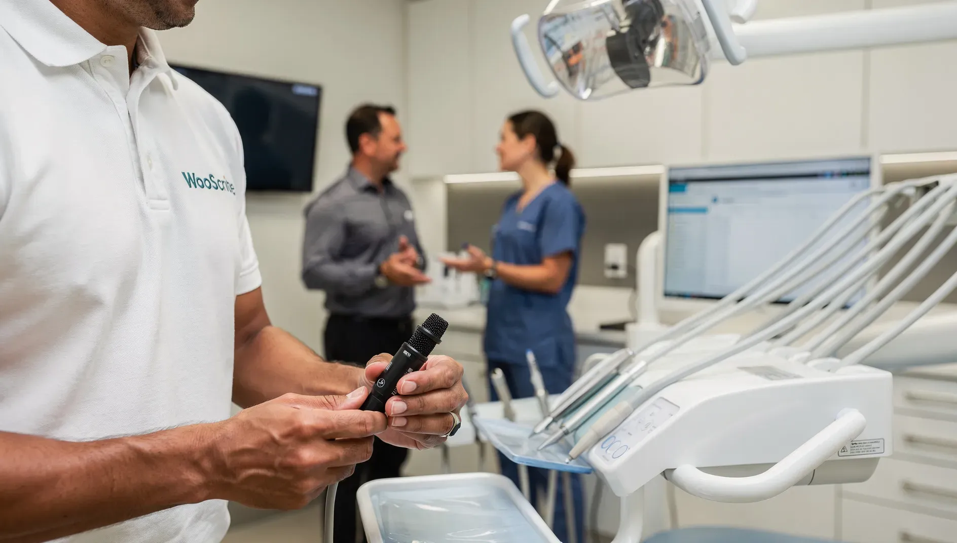 A WooScribe installer holds a microphone in an operatory while the dentist and a hygienist talk in the background.