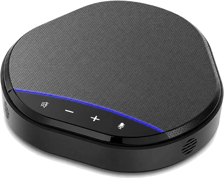 The WooScribe ambient microphone: a black puck-shaped conference microphone with mute, volume and mic buttons.